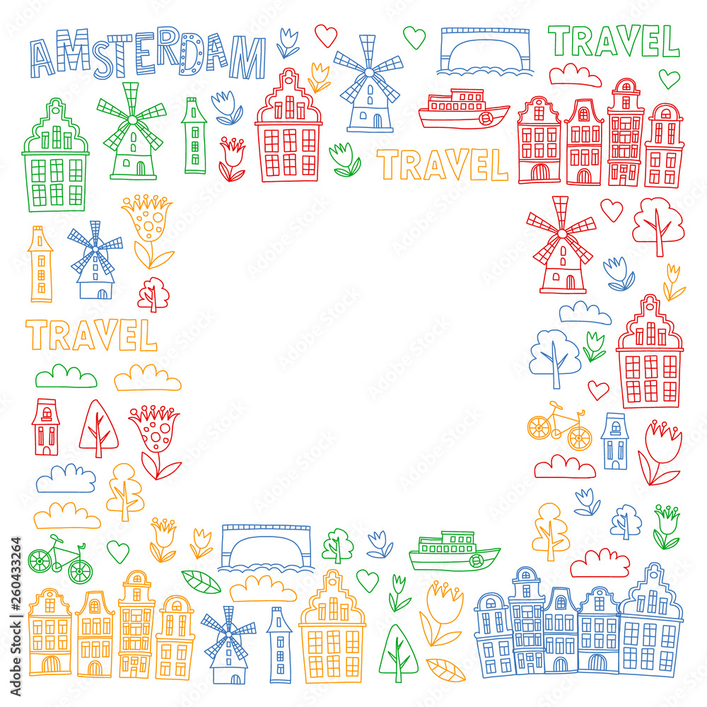 Vector pattern with Holland, Netherlands, Amsterdam icons. Doodle style. Vector pattern with Holland, Netherlands, Amsterdam icons. Doodle style.