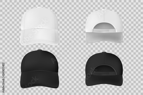 Set of baseball cap black and white mockup. Realistic cap template front and back vie isolated on transparent background. Vector illustration