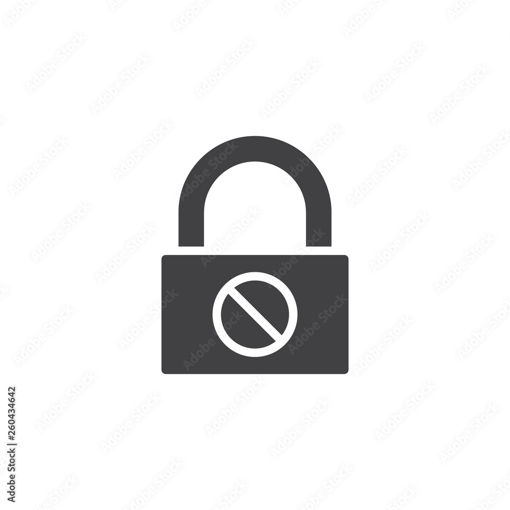 Prohibited protection lock vector icon. filled flat sign for mobile concept and web design. Forbidden padlock glyph icon. No password encryption symbol, logo illustration. Vector graphics Prohibited protection lock vector icon. filled flat sign for mobile concept and web design. Forbidden padlock glyph icon. No password encryption symbol, logo illustration. Vector graphics