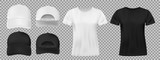 Set of sports wear template. Black and white baseball cap and t-shirt mockup, front and back view. vector illustration