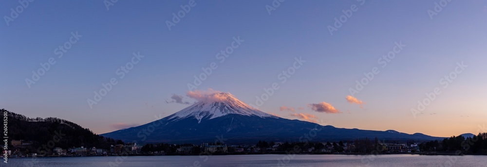 Panoramic Mt Fuji Kawaguchiko lake, Japan landscape in sunset day time in blue sky background concept for fujisan japanese nature landmark, snow on top mountain scenery panorama view, Wide Winter city