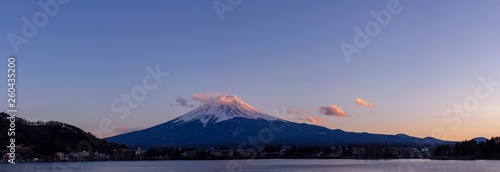 Panoramic Mt Fuji Kawaguchiko lake, Japan landscape in sunset day time in blue sky background concept for fujisan japanese nature landmark, snow on top mountain scenery panorama view, Wide Winter city