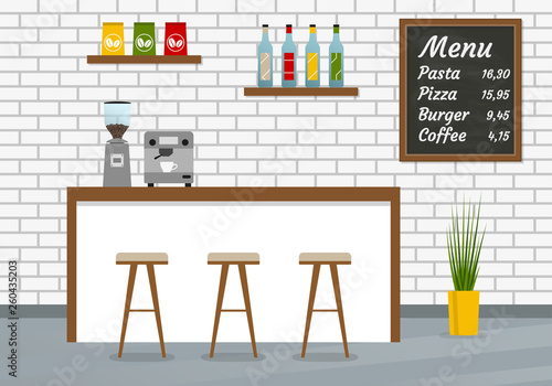 Bar counter in the cafe, pub, restaurant or cafeteria with menu board, coffee machine, and bar chairs. Coffee shop Interior with brick wall. Vector illustration.