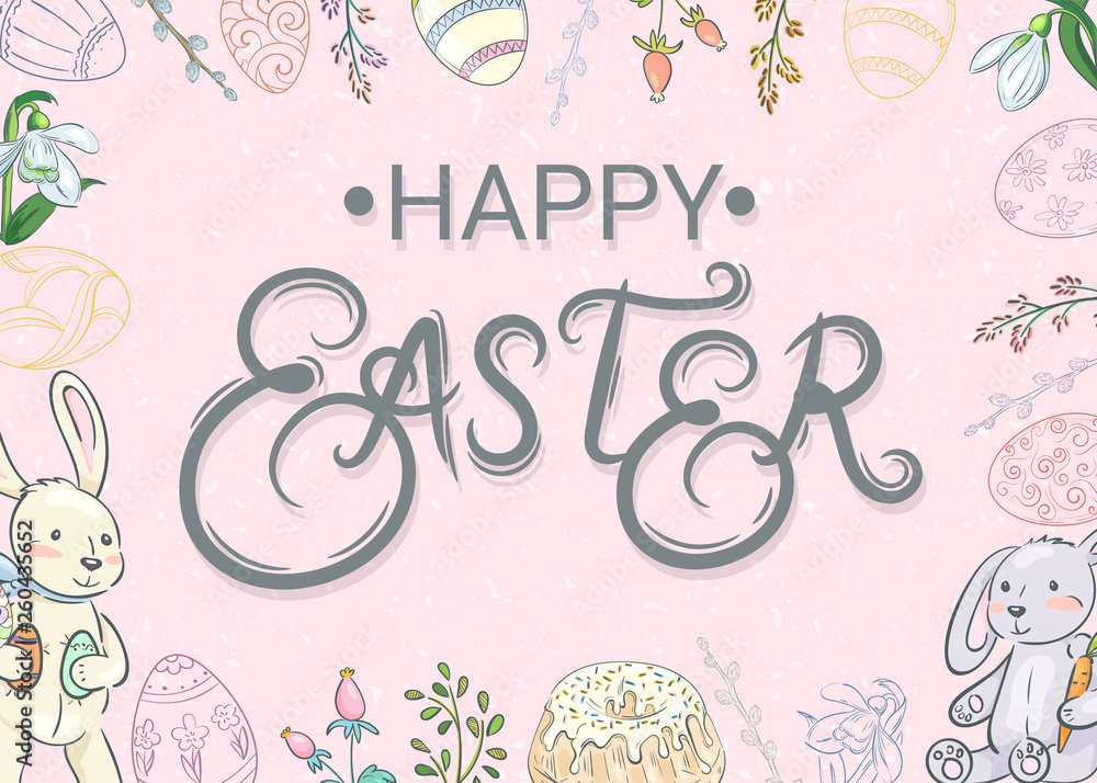 Easter background with traditional decorations. Easter greeting with colored eggs, festive cake, rabbit, etc.