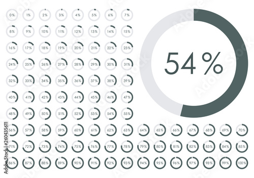 Percentage diagram set. Circle Pie Chart from 1 to 100 percent. Design element for infographic, UI, web design, business presentation. Progress bar template. Vector illustration.