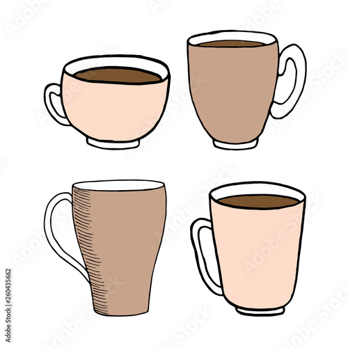 Vector illustration on white background. A Cup of tea and a kettle on the table. Tea time.