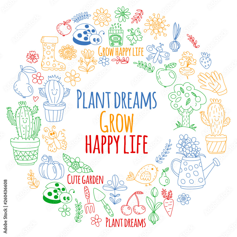Fototapeta premium Vector pattern for backgrounds. Cute gardening. Icons for banners.