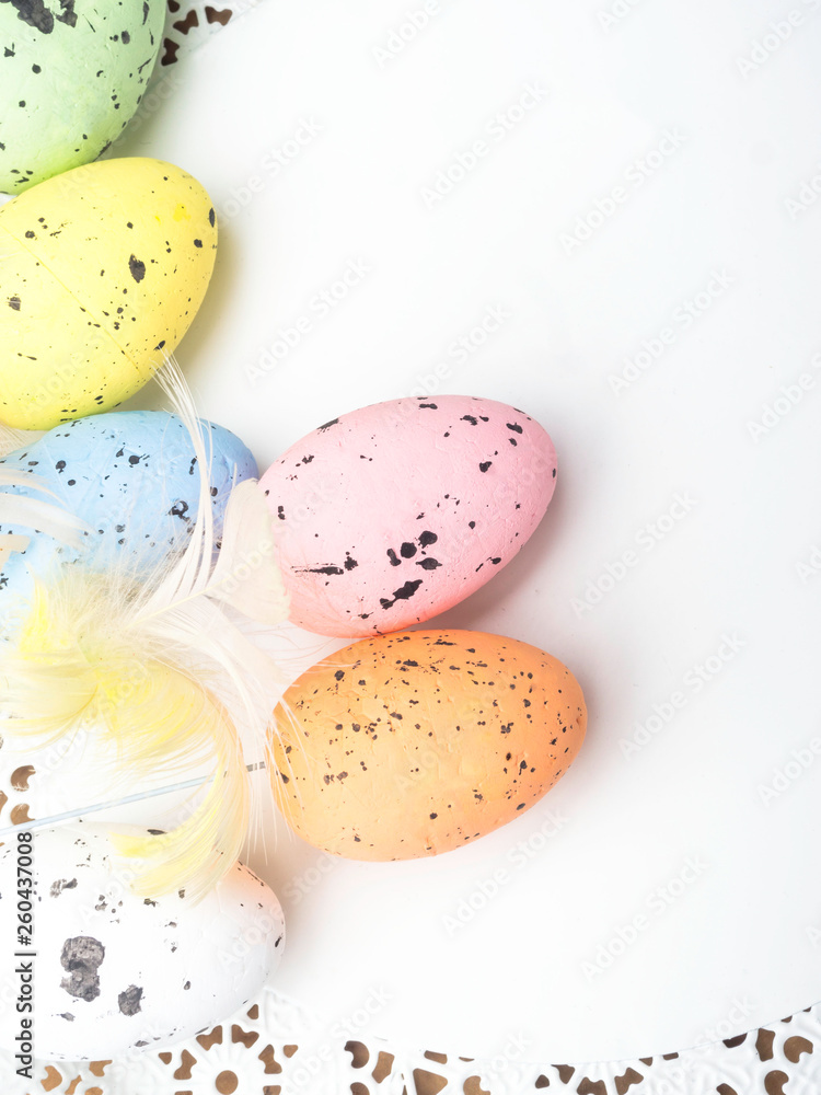 Colorful pastel tone easter eggs, copy space, background for postcard