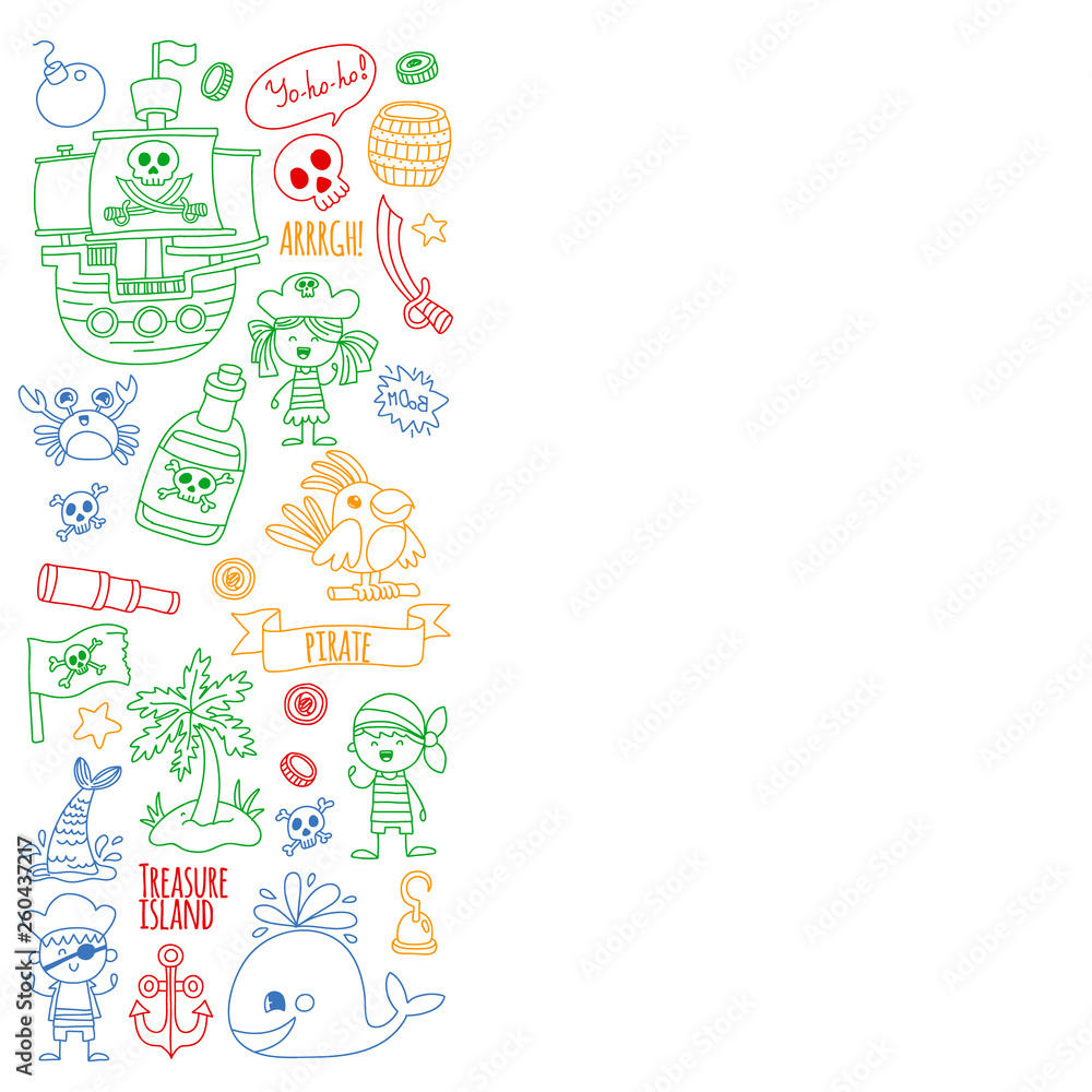 Vector pattern with pirate icons. Adventure, birthday party.