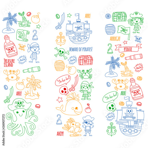 Vector pattern with pirate icons. Adventure, birthday party.