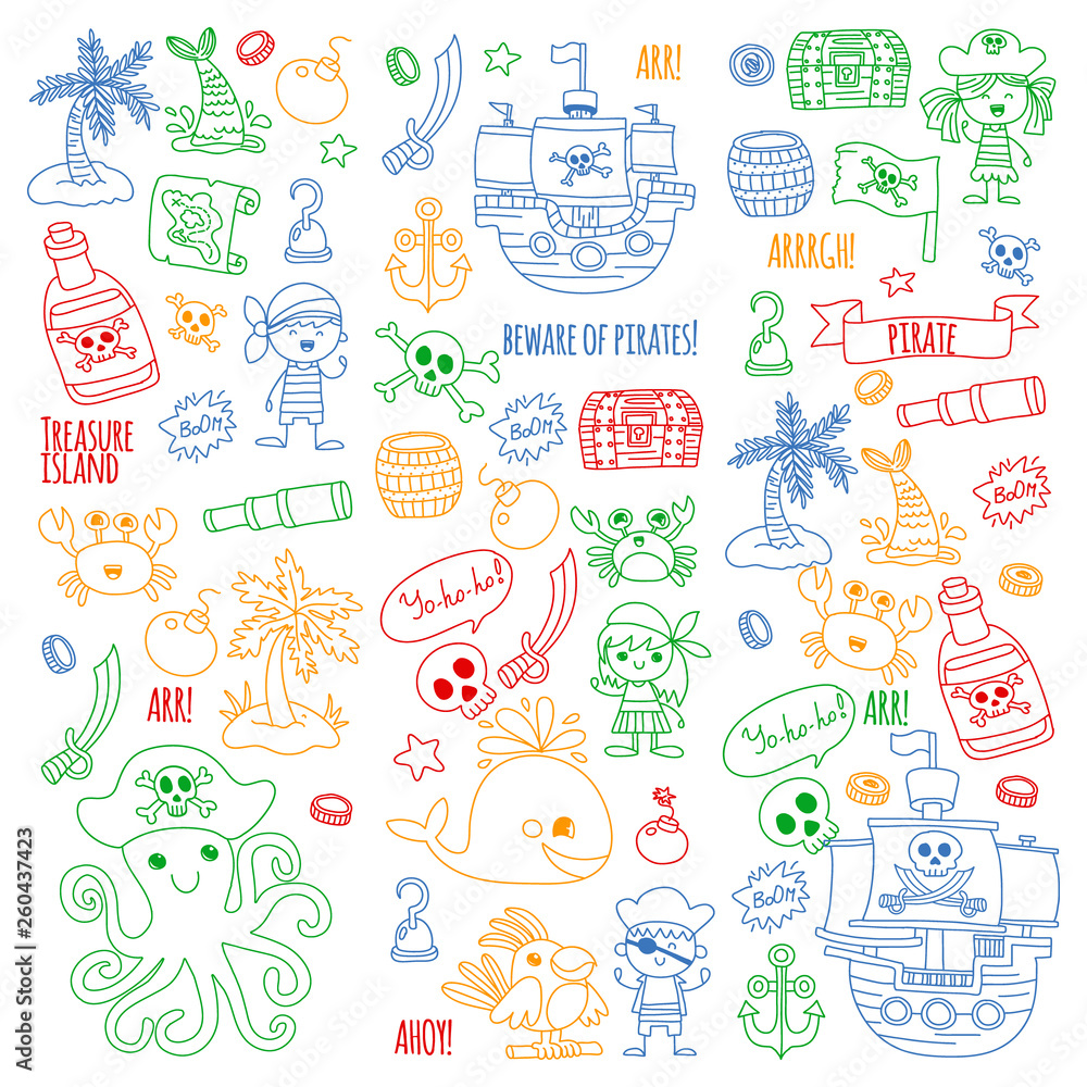 Vector pattern with pirate icons. Adventure, birthday party.