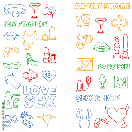 Vector set with sex shop icons. Erotic fetish games background.