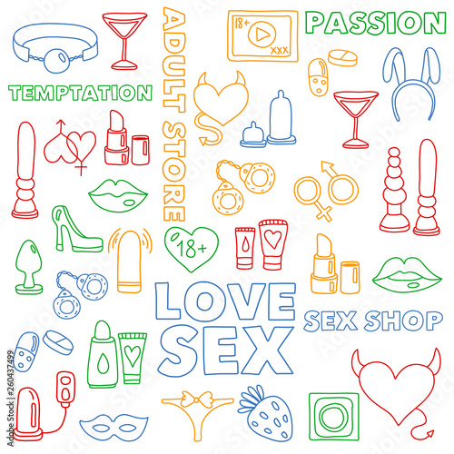 Vector set with sex shop icons. Erotic fetish games background.