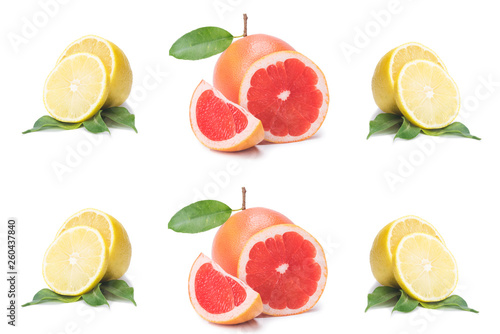 Isolated citrus slices  fresh fruit cut in half orange  pink grapefruit  lemon  in a row  on a white background