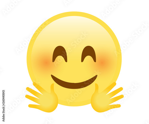 Vector yellow happy smiley face icon with red cheek and hugging hands