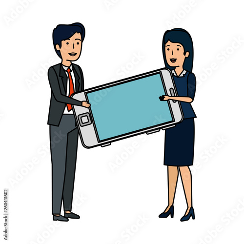 young business couple with smartphone