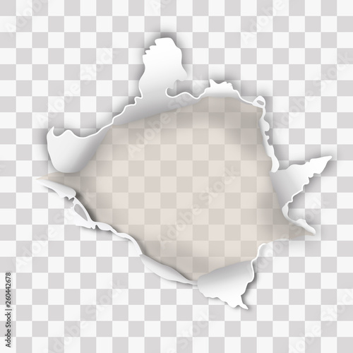 Ultra violet torn paper with ripped edges and rooled up sides, round shaped hole isolated on transparent background realistic Vector illustration