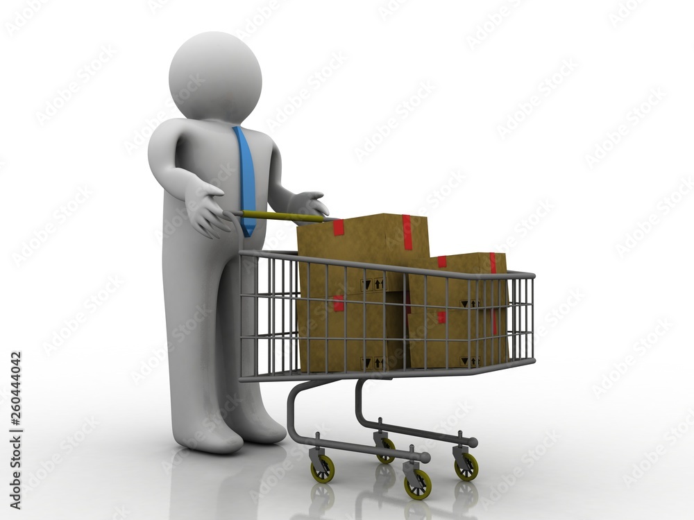 3d rendering Cardboard boxes in shopping cart with man 3d rendering Cardboard boxes in shopping cart with man