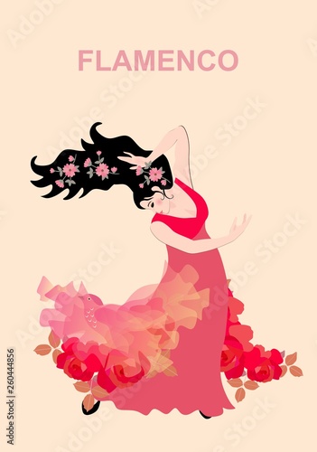 Spanish girl dressed in long red dress, decorated with garlands of roses and with small flowers in her hair, is dancing flamenco with translucent shawl in shape of flying fairy bird. Beautiful card.