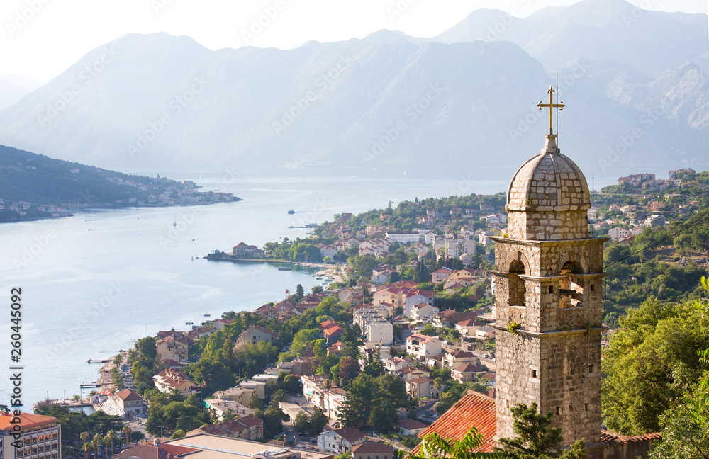 St. John and Chapel of Salvation of Virgin on Mount Pestingrad against picturesque bay. Kotor. Montenegro