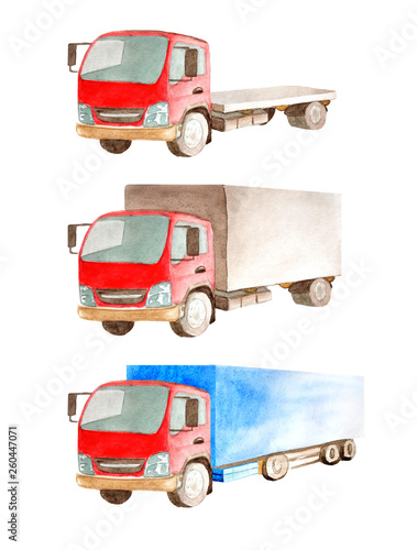 Watercolor a collection of trucks with a red cabin, but different open and closed bodies on a white background isolated for business cards, children's cards. Cargo transportation. photo