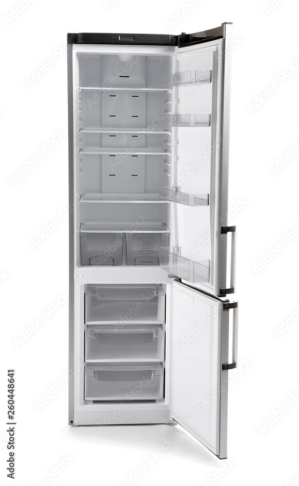 Open empty fridge on white background Open empty fridge on white background