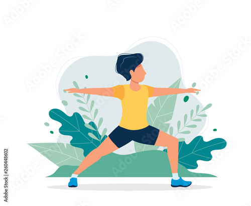 Happy man exercising in the park. Vector illustration in flat style, concept illustration for healthy lifestyle, sport, exercising.