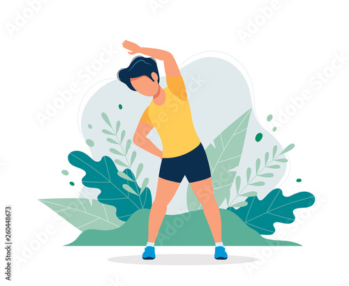 Happy man exercising in the park. Vector illustration in flat style, concept illustration for healthy lifestyle, sport, exercising.