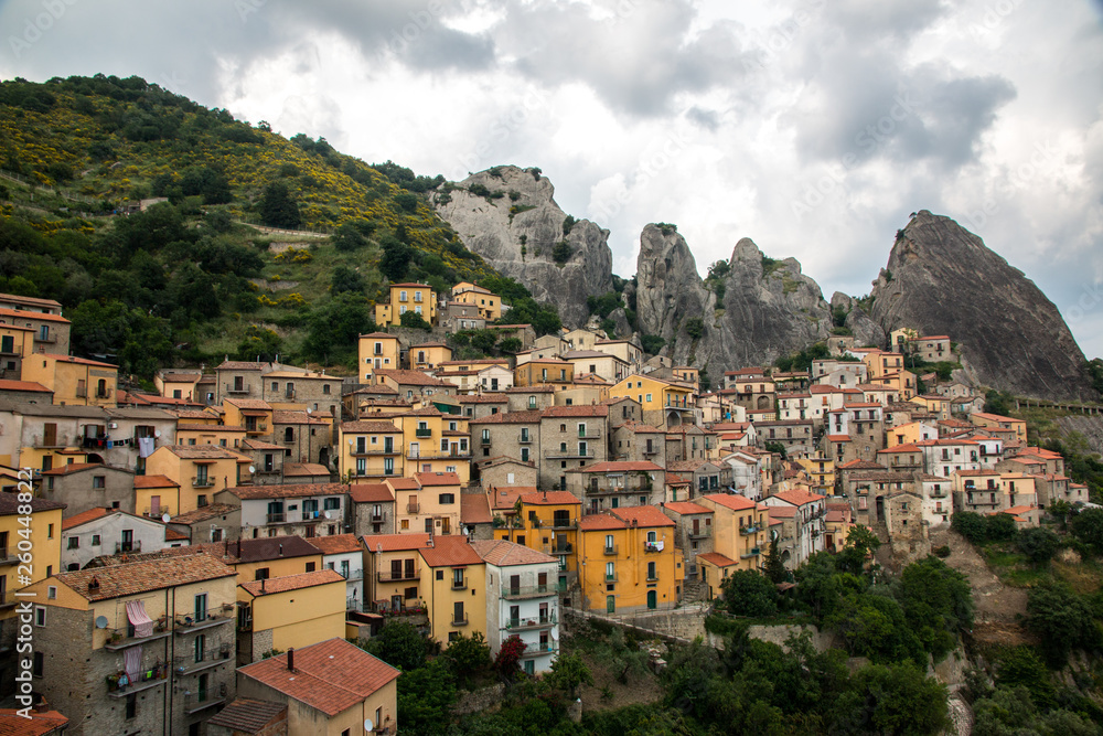 Panoramic view of Castelmezzano, tipical italian little village on appenini mountains, province of Potenza, in the Southern Italian region of Basilicata