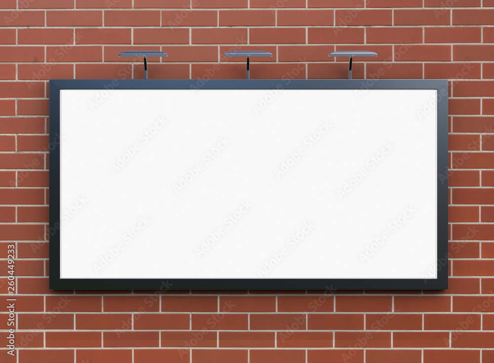3D rendering of blank billboard (empty advertisement) on brick wall. Empty mockup template 3D rendering of blank billboard (empty advertisement) on brick wall. Empty mockup template