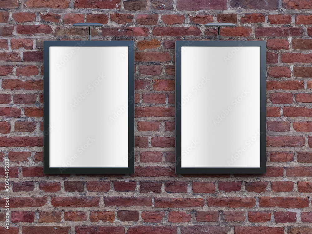 3D rendering of blank billboard (empty advertisement) on brick wall. Empty mockup template 3D rendering of blank billboard (empty advertisement) on brick wall. Empty mockup template