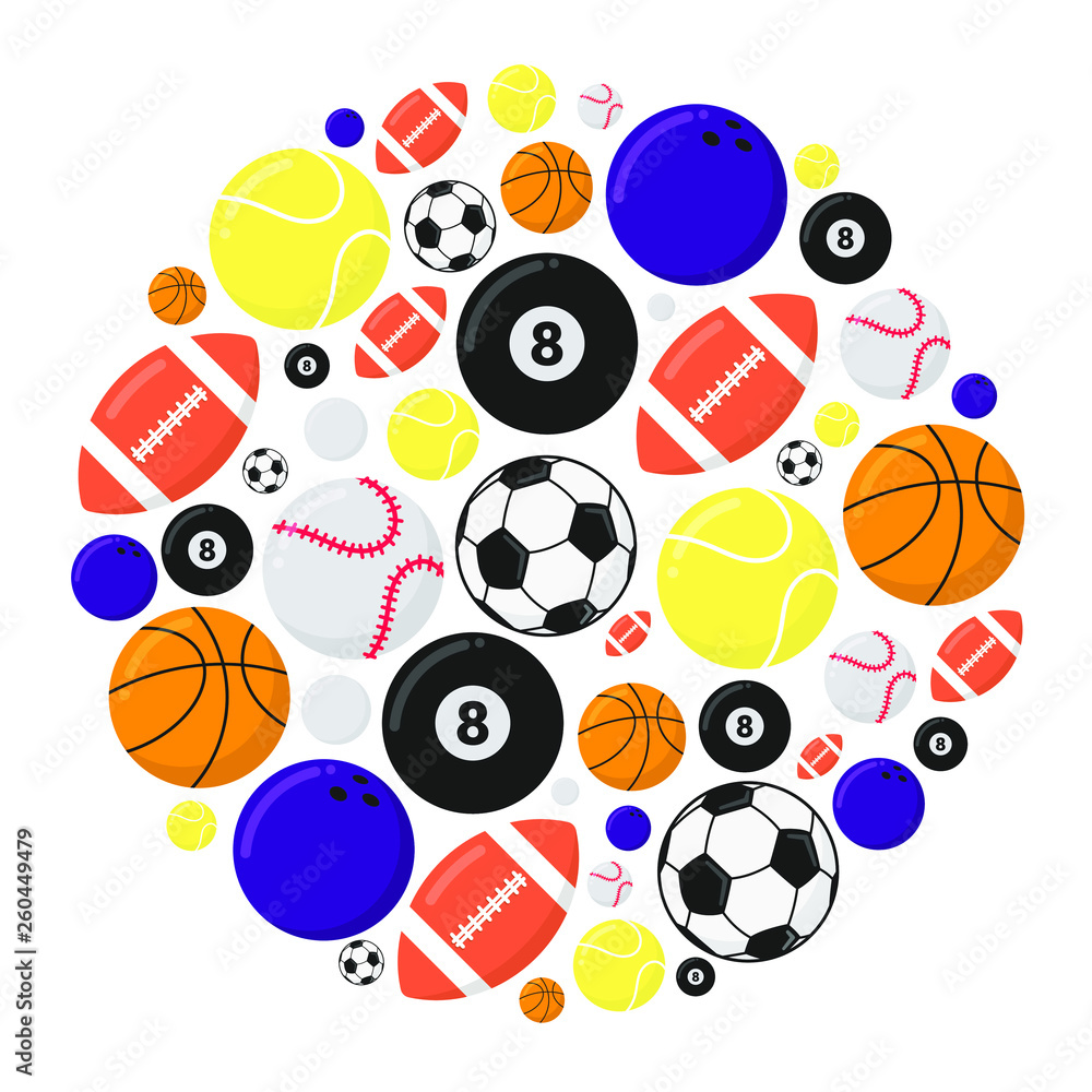 Sport games balls flat style design vector illustration set isolated on white background. Soccer, ping pong, basketball, tennis, football, billiards, bowling, baseball balls - symbols of sport games.