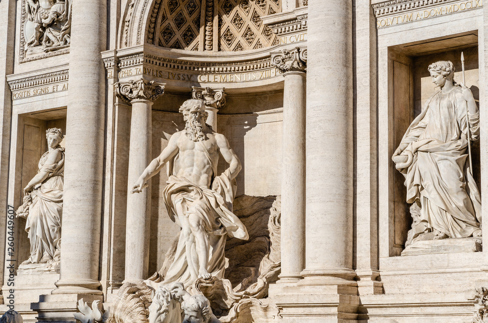 Statues of Oceanus, Abundance and Health on the Trevi fountain by Nicola Salvi and Giuseppe Pannini in Rome, Italy