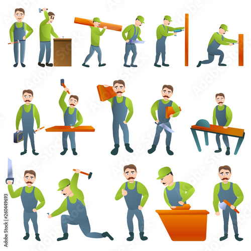 Carpenter icons set. Cartoon set of carpenter vector icons for web design