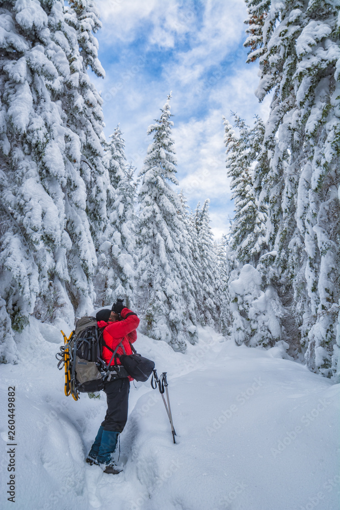 Hiker with big backpack take a picture of forest