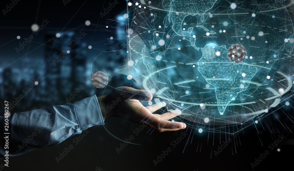 Businessman using globe network with digital connection 3D rendering Businessman using globe network with digital connection 3D rendering