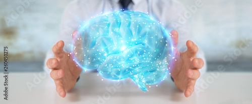 Businessman using digital 3D projection of a human brain 3D rendering