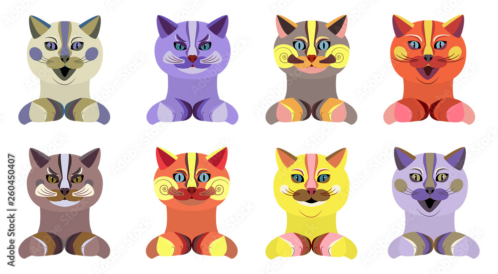 Fototapeta premium Set of eight colorful cats of different emotions. Cute stylized kittens for your design. The upper part of the animal - head, neck, paws. Vector illustration