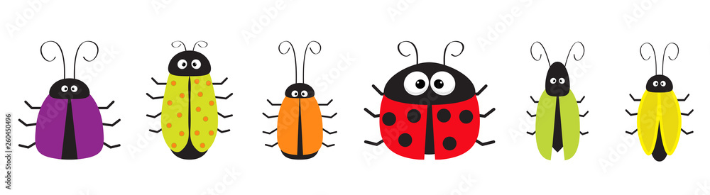 Fototapeta premium Cute bug cockroach set line. Funny cartoon character. Baby design. White background. Isolated. Flat design.