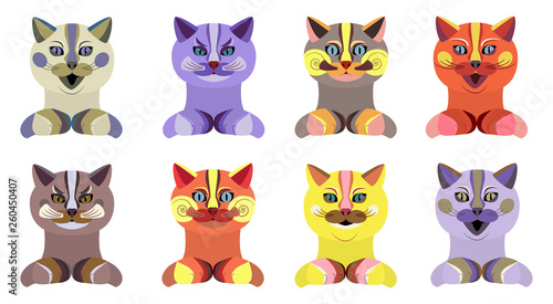 Set of eight colorful cats of different emotions. Cute stylized kittens for your design. The upper part of the animal - head  neck  paws. Vector illustration