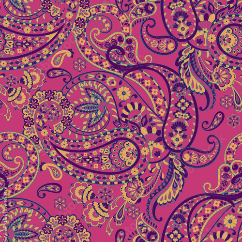 Paisley folkloric flowers seamless pattern. ethnic floral vector ornament