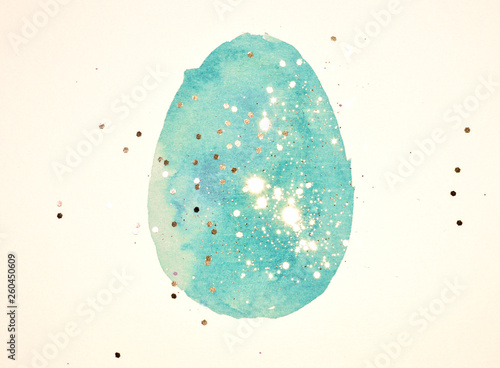 Blue watercolor Easter egg with golden glitter in vintage colors