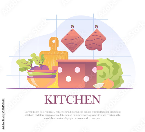 Illustration of kitchen with bowls, pan and vegetables. Flat design style. Vector clip art