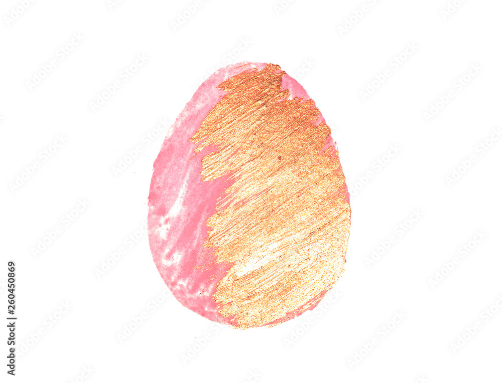 Hand drawn pink and golden watercolor Easter egg on white background Hand drawn pink and golden watercolor Easter egg on white background