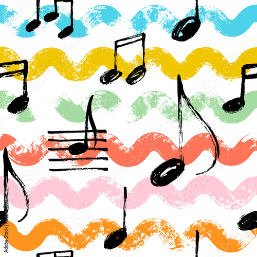 Music notes seamless vector pattern with waves.