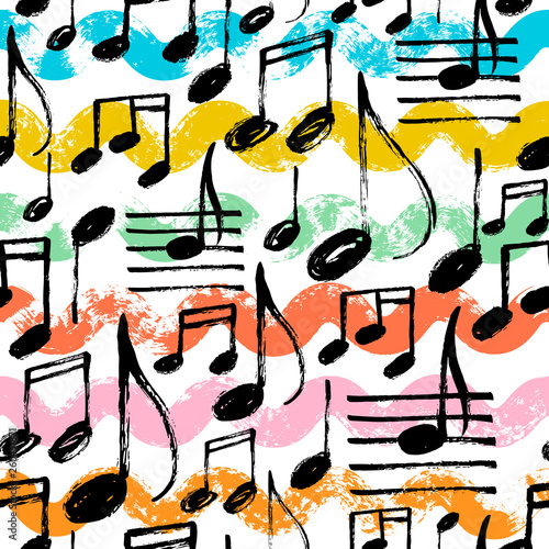 Music notes seamless vector pattern with waves.