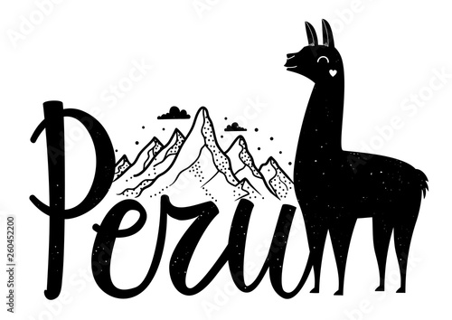 Vector illustration with calligraphy word Peru, mountains, clouds and smiling llama with heart.