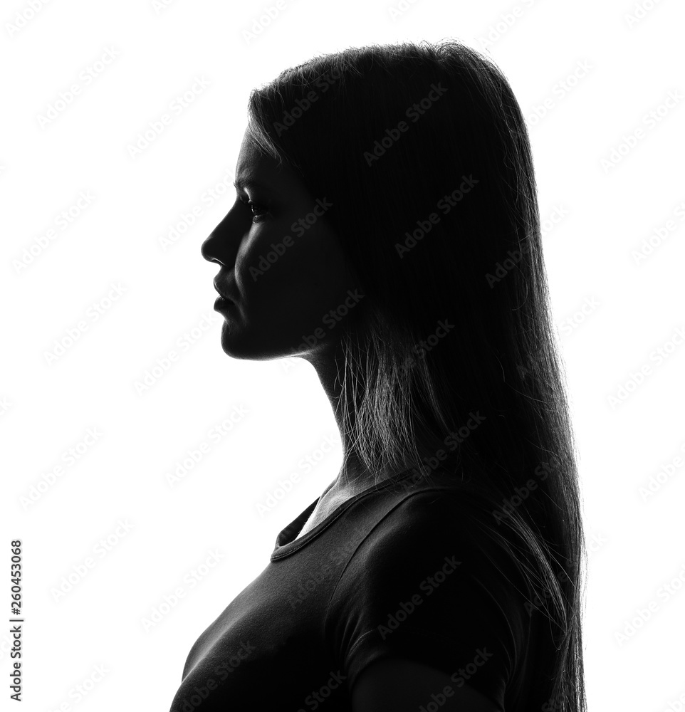Silhouette of young woman on white background