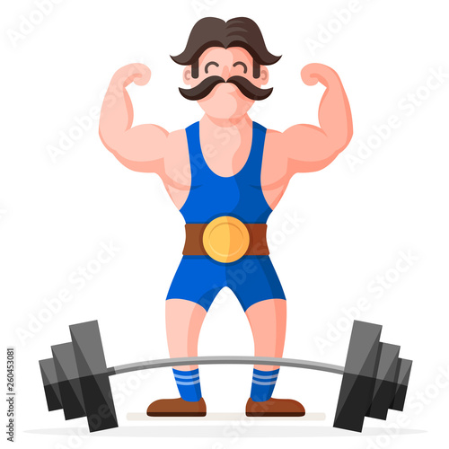 Retro style circus strong man with mustache character with heavy metal barbell. Funny muscular bodybuilder colorful cartoon flat vector illustration