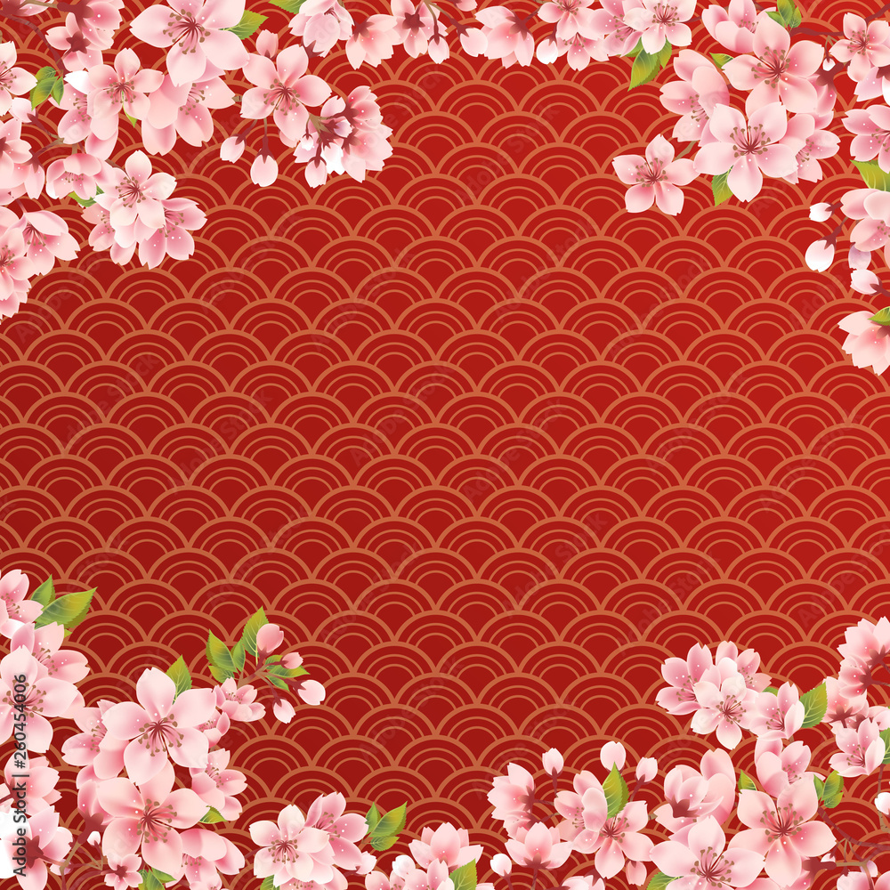 Sakura on wave red background